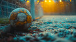 © Oksana Kumer - Soccer Ball on Frozen Field at Night. Generative AI