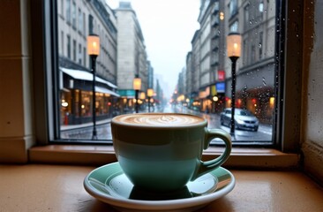 a steaming cup of coffee sits on a windowsill, overlooking a rainy city street lined with buildings.