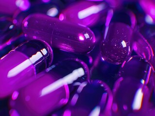 Close-up of purple pills, possibly medication or nutritional supplements.