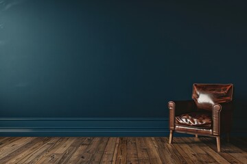 Wall Mural - A cozy living room with a brown leather armchair on wooden flooring, set against a blue wall. The modern design and minimalist theme create an inviting atmosphere.