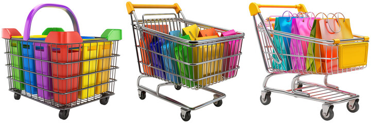 Set of Shopping Carts with Colorful Bags Isolated on Transparent Background png