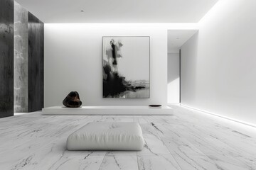 Aufkleber - A modern living space featuring minimalist decor, monochrome abstract art, a sleek black sculpture, and a comfortable cushion, maximizing light and space for a tranquil environment.