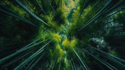 Lush green bamboo forest canopy captured from below with sunlight filtering through