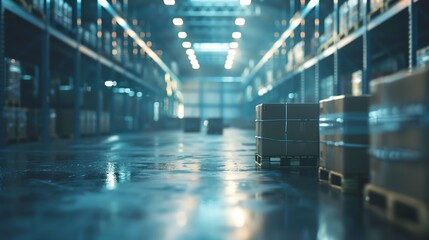 Empty modern warehouse with stacked pallets and shelves under artificial lighting, emphasizing logistics and storage solutions.