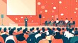 © nuttapong - Illustration of a speaker presenting at a conference with an audience and panelists on stage, colorful backdrop.