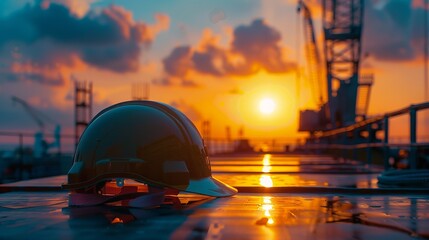 a beautiful image of an engineering helmet at sunset, set against the backdrop of a civil constructi