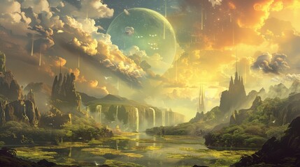 Wall Mural - Fantasy Landscape with Waterfall, Green Valley, and Giant Moon - A magical landscape featuring cascading waterfalls, a lush green valley, and a colossal moon in the sky, symbolizing wonder, nature, dr