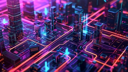 Poster - Futuristic Cityscape on a Circuit Board - A vibrant and abstract representation of a city built on a circuit board, symbolizing the connection of technology, urban development, and innovation.