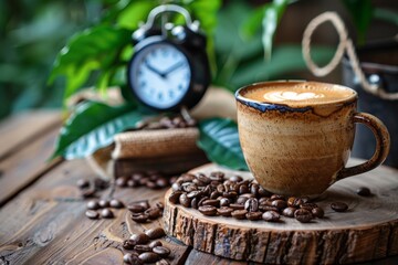 Wall Mural - Morning coffee with a latte art, surrounded by coffee beans and an alarm clock on a rustic wooden table, creating a cozy atmosphere.