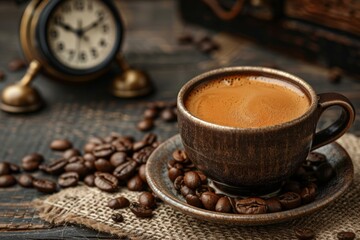 Wall Mural - Morning coffee with a latte art, surrounded by coffee beans and an alarm clock on a rustic wooden table, creating a cozy atmosphere.