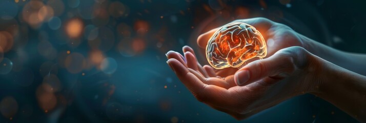 Wall Mural - Protecting Your Most Valuable Asset: A Glowing Brain in Hands - A pair of hands carefully cradles a glowing human brain, symbolizing the importance of protecting mental health, knowledge, intelligence