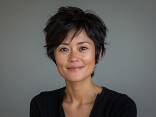 Wall Mural - A woman with short, black hair smiles at the camera