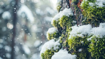 Sticker - Snow-Covered Moss on a Tree Trunk in Winter Wonderland - A close-up image of a tree trunk covered in snow and moss, symbolizing winter, nature, resilience, serenity, and the beauty of simplicity.