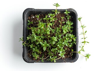 Wall Mural - A vibrant, fresh thyme plant in a black plastic pot, showcasing healthy green leaves, ready for culinary use or home gardening.