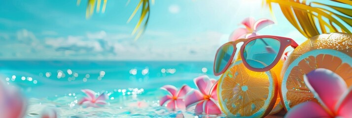 Canvas Print - Summer Vibes: Sunglasses, Fruit, and Beach Paradise - This image evokes the essence of summer with sunglasses, fruit slices, and a tropical beach backdrop. It symbolizes relaxation, vacation, and the 