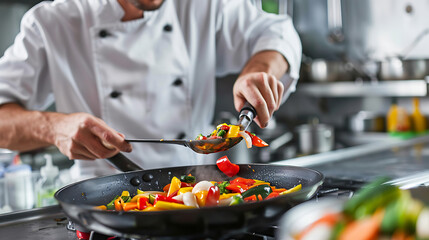 A chef preparing a nutritious vegetable stir-fry in a modern kitchen 