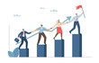 © wenich - Team growth, Teamwork towards shared success, Partner or colleague support, Business cooperation concept, Leaders with flags join hands with team and climb the growth graph. Vector design.