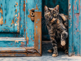 Canvas Print - A cat is standing in front of a blue door. The door is old and has a rusty hinge. The cat is looking out of the door, and its paw is extended. The scene has a nostalgic and somewhat melancholic mood