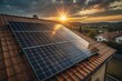 © Yauhen - Panel solar energy photovoltaic power roof sun home cell system green house eco industry. Solar energy building panel future electric engineer technology ecology sunset nature station sky light work