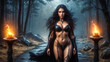 © Foto-Jagla.de - Young female magician with black long hair and skimpy leather bikini stands with her perfect body at a candlelit entrance.