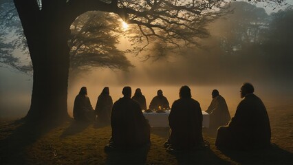 Generative AI, Mystical Dawn Gathering of Monks for a Sacred Ceremony