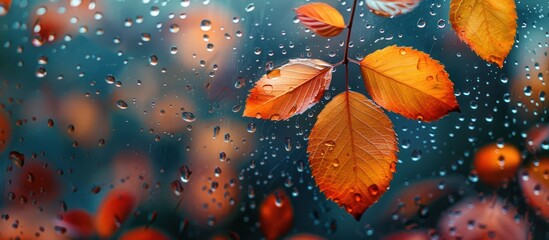 Wall Mural - Autumn Leaves Through a Rain-Covered Window