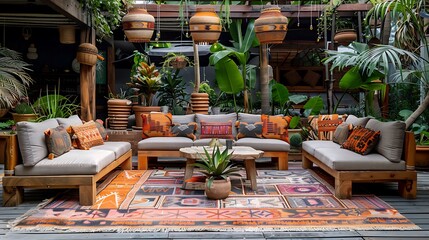 An eclectic patio with a mix of vintage and modern furniture, bold patterned textiles, diverse plants, colorful decor, and unique lighting, creating a vibrant and inviting outdoor space, hd quality,