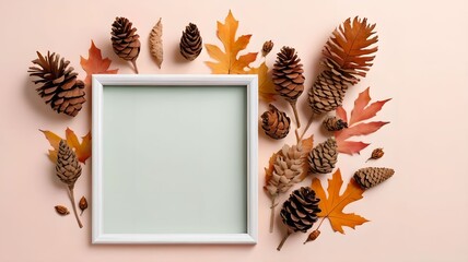 Fall themed arrangement with dried foliage cones and a white frame against a pastel isolated pastel background Copy space Symbolizing autumn and Thanksgiving Overhead view minimalist style empt