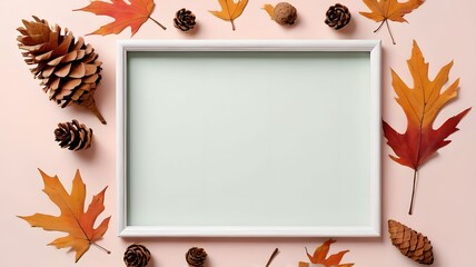 Fall themed arrangement with dried foliage cones and a white frame against a pastel isolated pastel background Copy space Symbolizing autumn and Thanksgiving Overhead view minimalist style empt