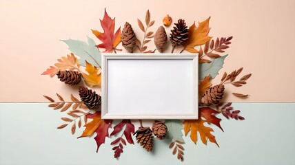 Fall themed arrangement with dried foliage cones and a white frame against a pastel isolated pastel background Copy space Symbolizing autumn and Thanksgiving Overhead view minimalist style empt