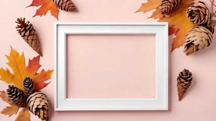 Fall themed arrangement with dried foliage cones and a white frame against a pastel isolated pastel background Copy space Symbolizing autumn and Thanksgiving Overhead view minimalist style empt