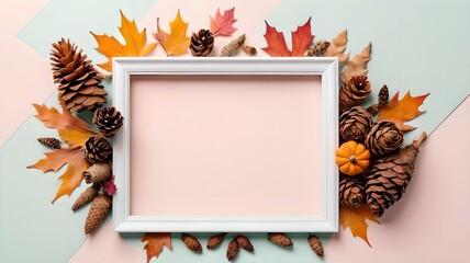 Fall themed arrangement with dried foliage cones and a white frame against a pastel isolated pastel background Copy space Symbolizing autumn and Thanksgiving Overhead view minimalist style empt