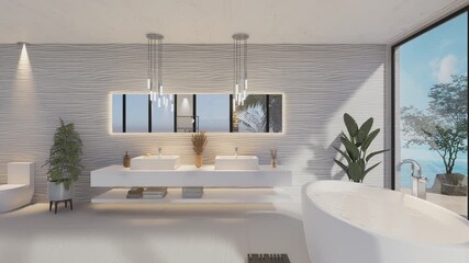 Wall Mural - 3D render of luxury bathroom with round bath tub. Zoom-out shot.