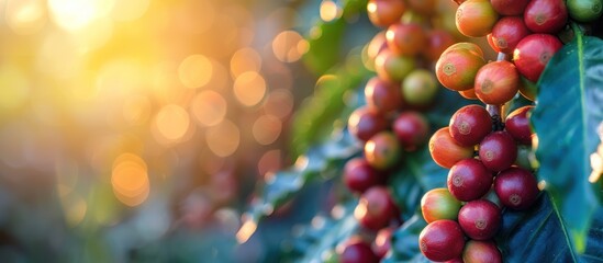 coffee beans on branch with sunlit bokeh