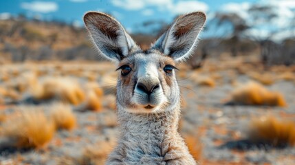 close-up shot of a kangaroo's face, with a curious expression as it looks directly at the camera, standing in a dry, grassy landscape.