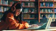 © pngking - Girl student in wireless headphones working on graduation project and creative essay in modern library listening to audio lessons taking notes preparing for higher education admission