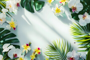 Wall Mural - Summer background with tropical orchid flowers and green tropical palm leaves on light background. Flat lay, top view.