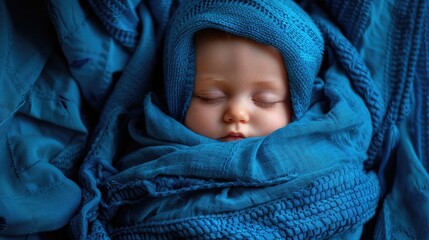baby wrapped in blue blanket with blanket covering head