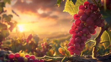 Poster - A close up of a bunch of red grapes in a lush vineyard at sunset.