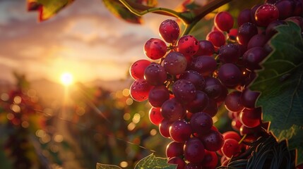 Poster - A close up of a bunch of red grapes in a lush vineyard at sunset.