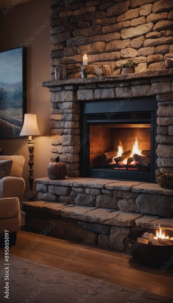 A cozy stone fireplace with a warm fire burning inside, creating a comfortable and inviting atmosphere, with a stack of firewood and a large copper pot nearby