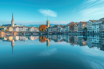 A panoramic view with its iconic church spires and historic buildings reflecting in the water on an early morning. The calm blue waters reflect the architecture of jogging over downtown streets.