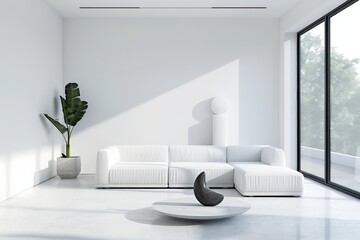 Poster - A modern living room bathed in sunlight, featuring a large white corner sofa, a circular coffee table, and a tall plant, exuding tranquility and contemporary design.