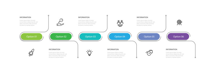 Wall Mural - 6 step process infographic template with icons suitable for business information, workflow and web graphic visualization