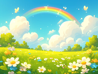 Sticker - spring landscape with rainbow