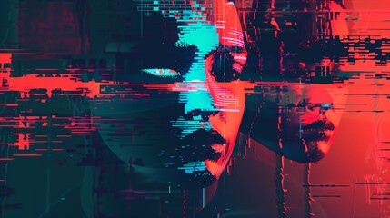 Digital glitch effect art of a person's face with red and blue colors