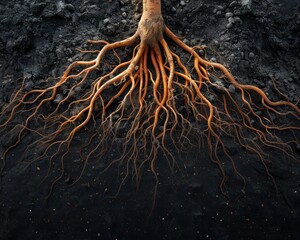 Wall Mural - A close-up view of a vibrant orange root system emerging from the dark soil, showcasing the beauty and importance of organic harvest The intricate network of roots symbolizes the connection between