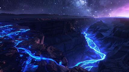 a captivating view of a deep canyon under a starry night sky, highlighted by a mesmerizing, glowing 