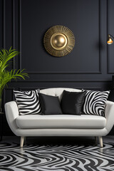 Wall Mural - A stylish living room featuring a white sofa with black and zebra-patterned cushions, a bold black wall, a golden sunburst wall decor, and a zebra-patterned floor.