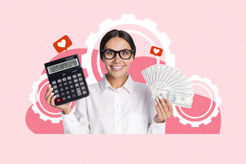 Sticker - Composite photo collage of happy girl accountant hold calculator banknotes profit gearwheel heart blog isolated on painted background